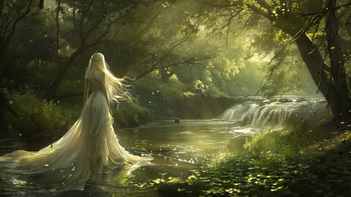 a young nymph Leuce with long blond white hair and a flowing white dress walks in a river, with a small waterfall in the background