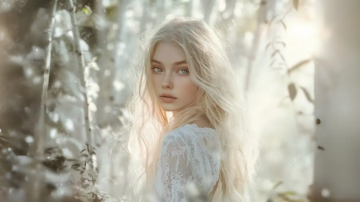 beautiful delicate pale nymph Leuce with white blond hair in a white ornate dress stares towards the camera surround by white poplar trees in an etheral glow