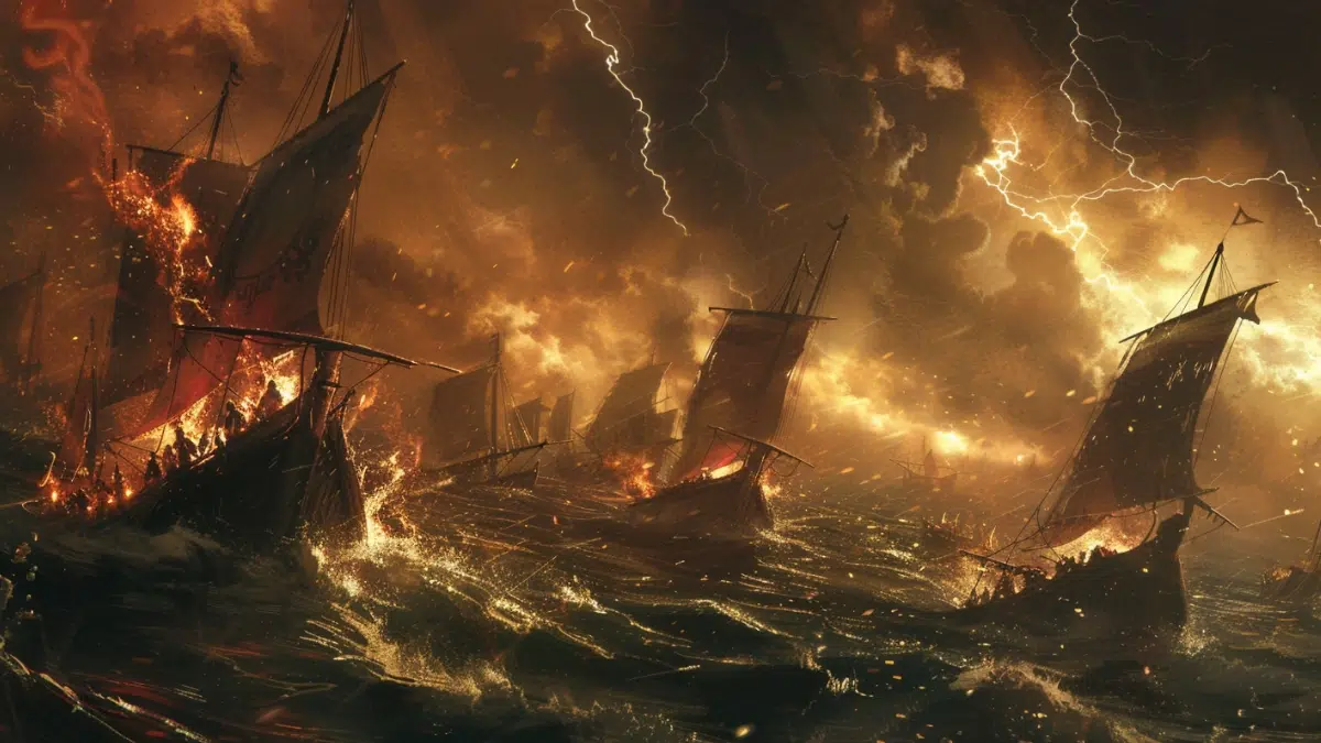 Mongol invasion fleet, 1274 and 1281, massive wooden ships tossed by towering waves, fierce typhoon storm tearing sails apart, lightning cracking across dark skies