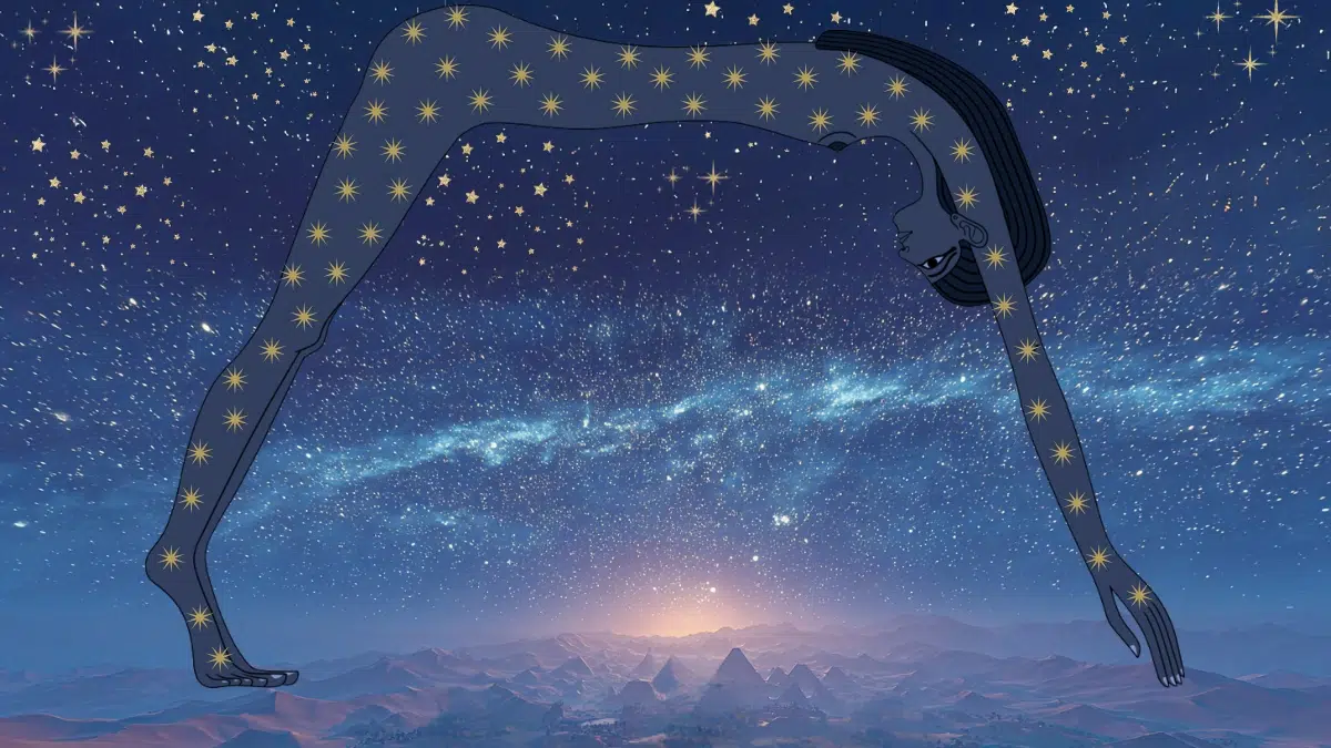 Nut, Egyptian sky goddess, arching over the earth, her dark blue body is covered in glowing stars, forming the night sky, beneath her is the earth