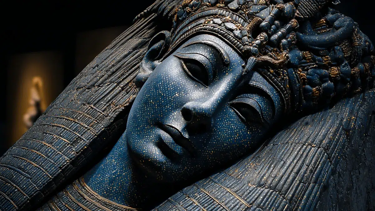 a dark blue face of Nut representing a funeral