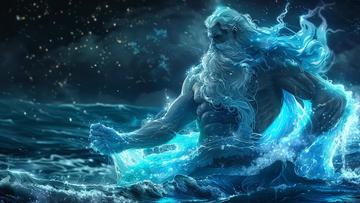 the Titan god Oceanus, rises out of the water under the starry sky, blue and white hues