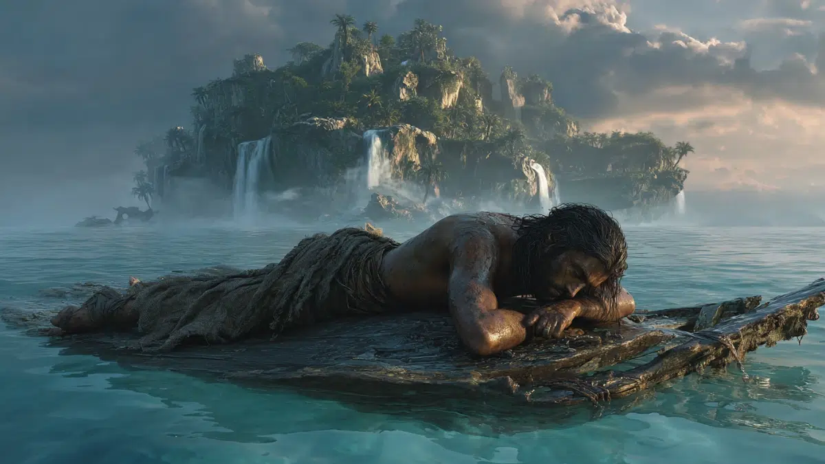 Odysseus floats on broken parts of the ship and floats towards Calypso's island