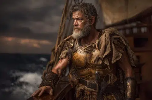 Odysseus stands on a ship with a grey beard wearing worn armour and heads home