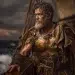 Odysseus stands on a ship with a grey beard wearing worn armour and heads home