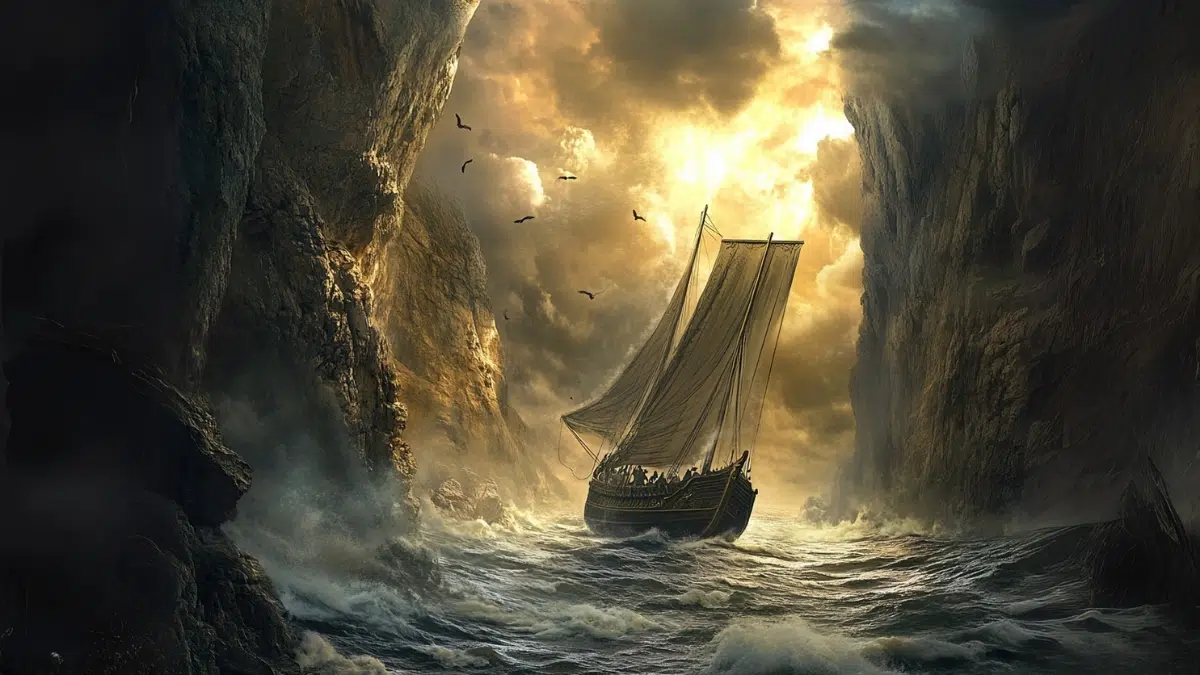 a lone ship sails in a narrow passage surrounded by cliffs on either side with a yellow and orange sky in the background
