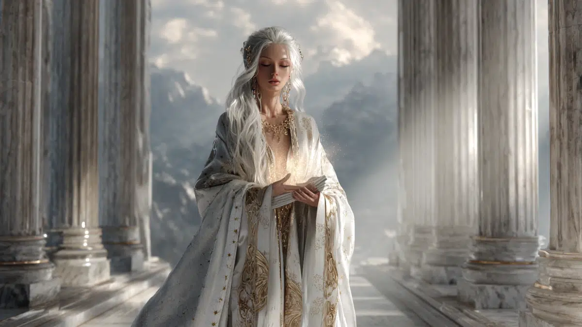 Phoebe standing in a radiant temple inspired by the Oracle of Delphi with silver-white hair cascading over her shoulders and eyes that shine with foresight. She wears flowing robes of white and pale gold, embroidered with star-like patterns
