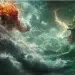 Raijin, red-skinned thunder god with flaming hair, hurling massive thunderbolts from storm clouds, alongside Fujin, green-skinned wind god with wild white hair, releasing deadly gales from his giant wind bag, raging typhoon over stormy seas