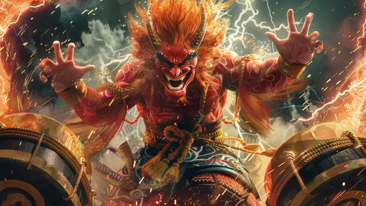 Raijin, Japanese thunder god, bright red skin, wild hair rising like flames, sharp claws, fierce face with a wide toothy grin, three fingers on each hand symbolizing past, present, and future, surrounded by large taiko drums