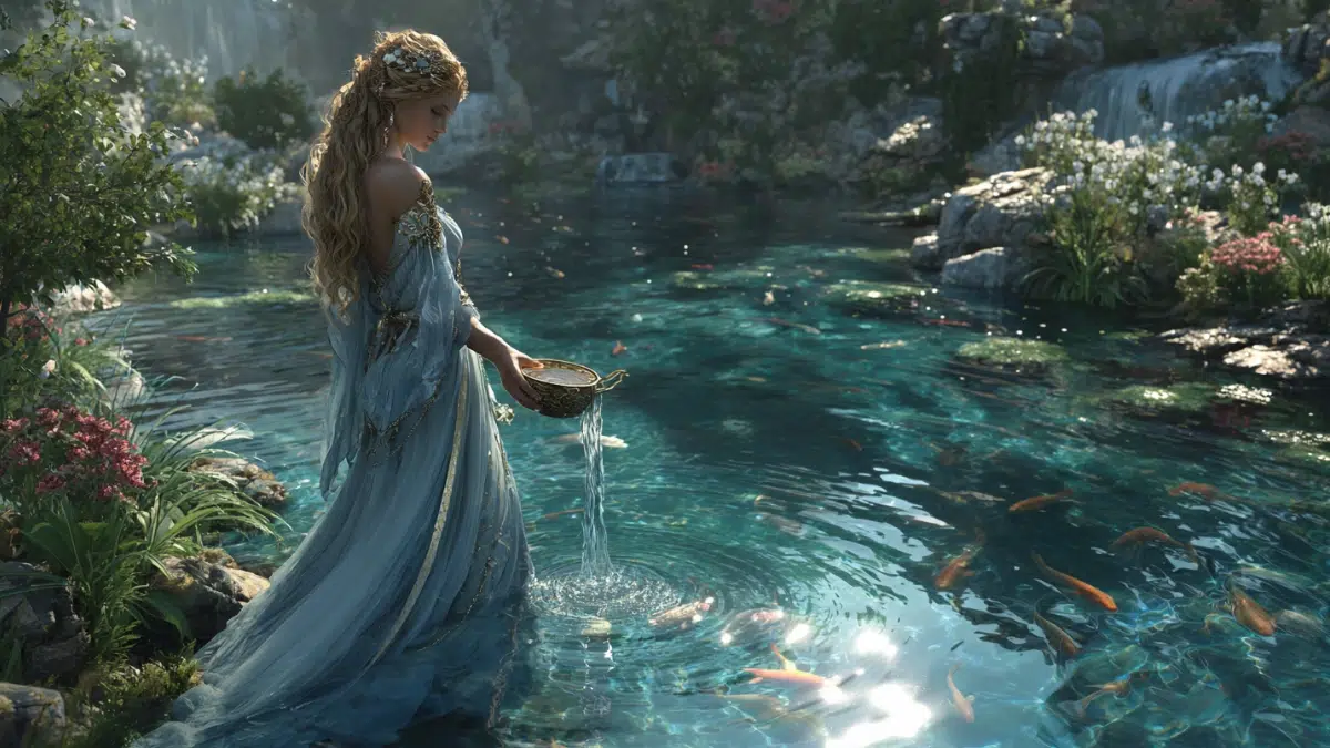 Tethys, Titaness of freshwater and rivers standing beside a flowing river surrounded by lush greenery and flowers with long wavy hair and wearing a flowing blue and silver gown