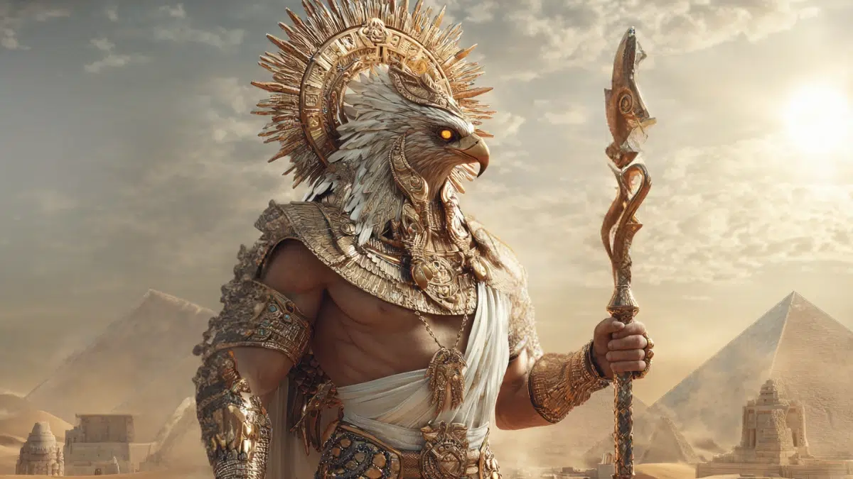 Ra, Egyptian sun god, depicted with the head of a falcon crowned by a blazing solar disk encircled by a golden serpent, wears ornate golden armor