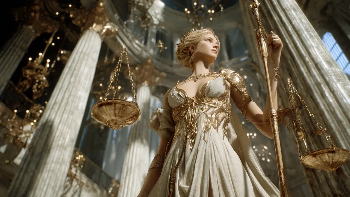 Themis, Titaness of divine law and order standing in a grand marble hall with towering columns wearing flowing white and gold robes, and holds a pair of golden scales