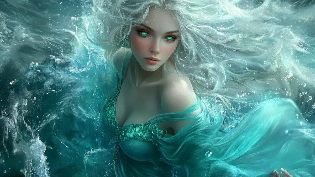 a sea nymph with white hair, glowing green eyes and a sea green dress floats in the water
