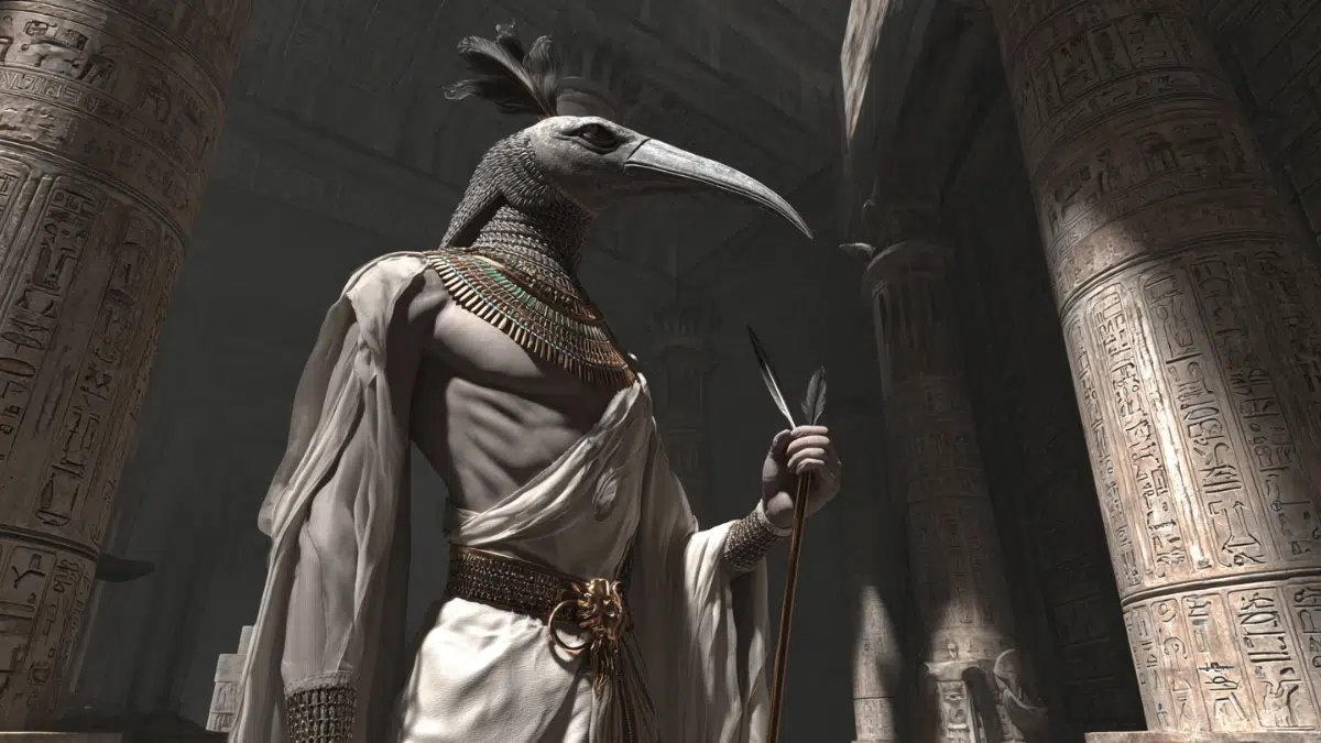 Thoth, Egyptian god of wisdom and writing, with the head of an ibis, slender and elegant, wearing a white linen kilt