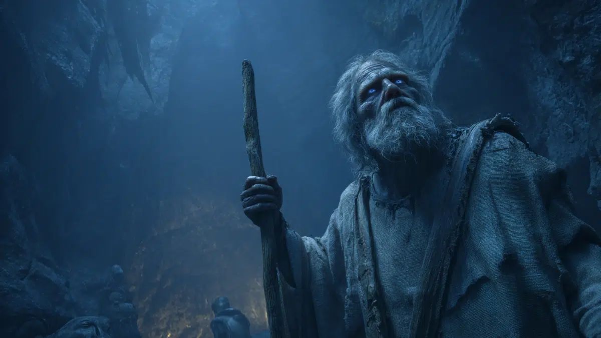 Tiresias the blind prophet wears worn clothes and is in a dark place of the Underworld