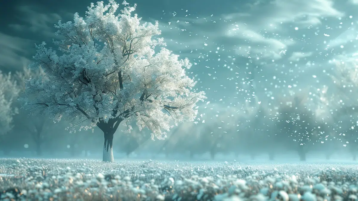 a beautiful white polar tree stands in a white flower covered meadow in Elysium