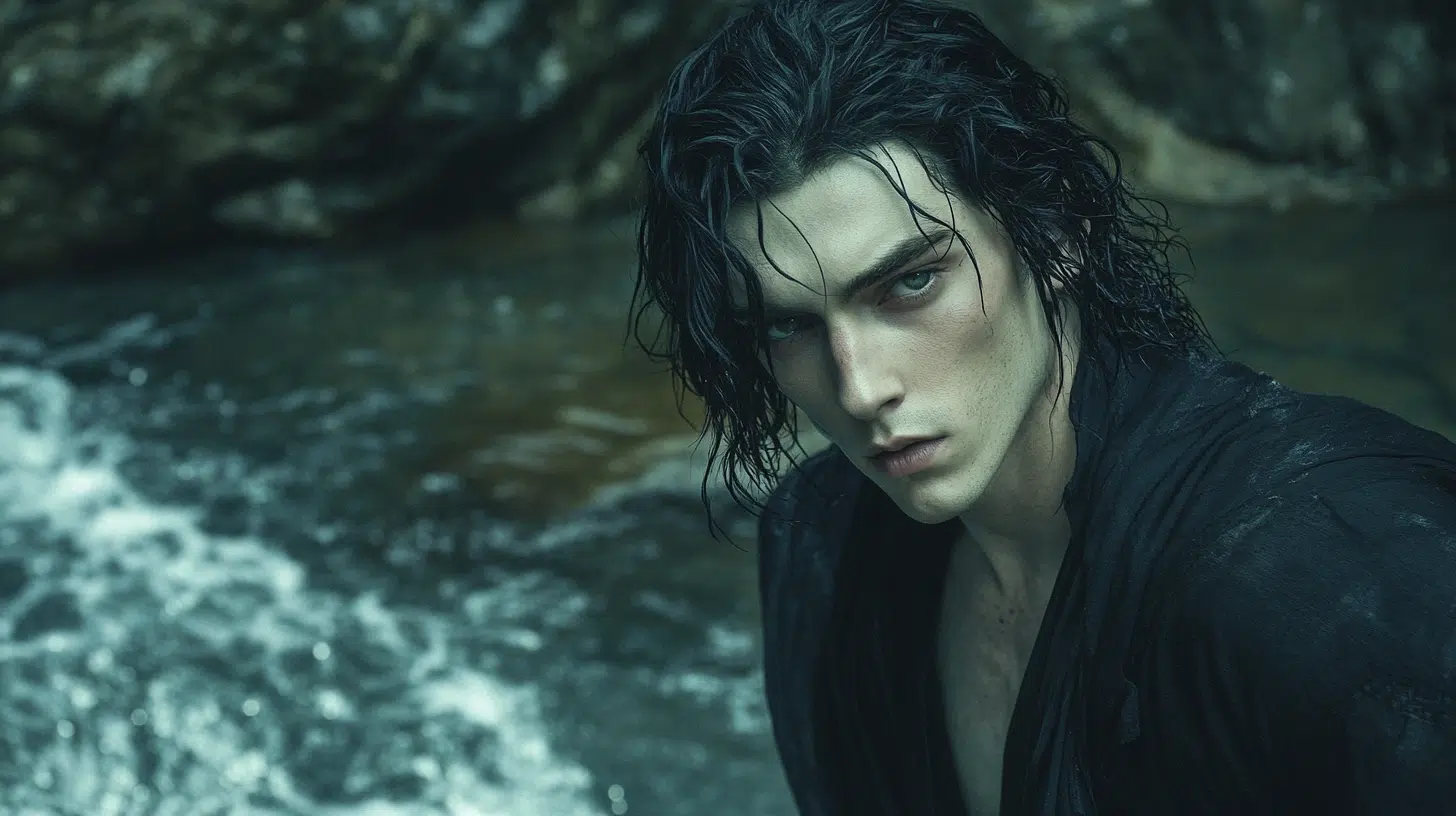 the young god, Hades, with pale skin and shoulder length dark hair stands by a river, looking intensely at the camera
