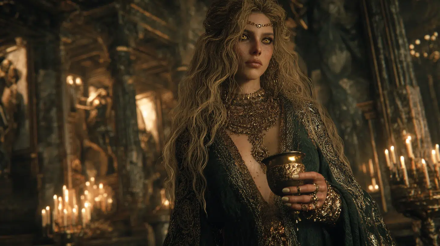 a beautiful Vanir witch with long molten-gold hair, pale luminous skin with a golden undertone, bright amber eyes, wearing flowing deep green robes with intricate gold embroidery, adorned with heavy gold necklaces, arm rings, and charms, regal and mysterious, standing in the golden halls of Asgard