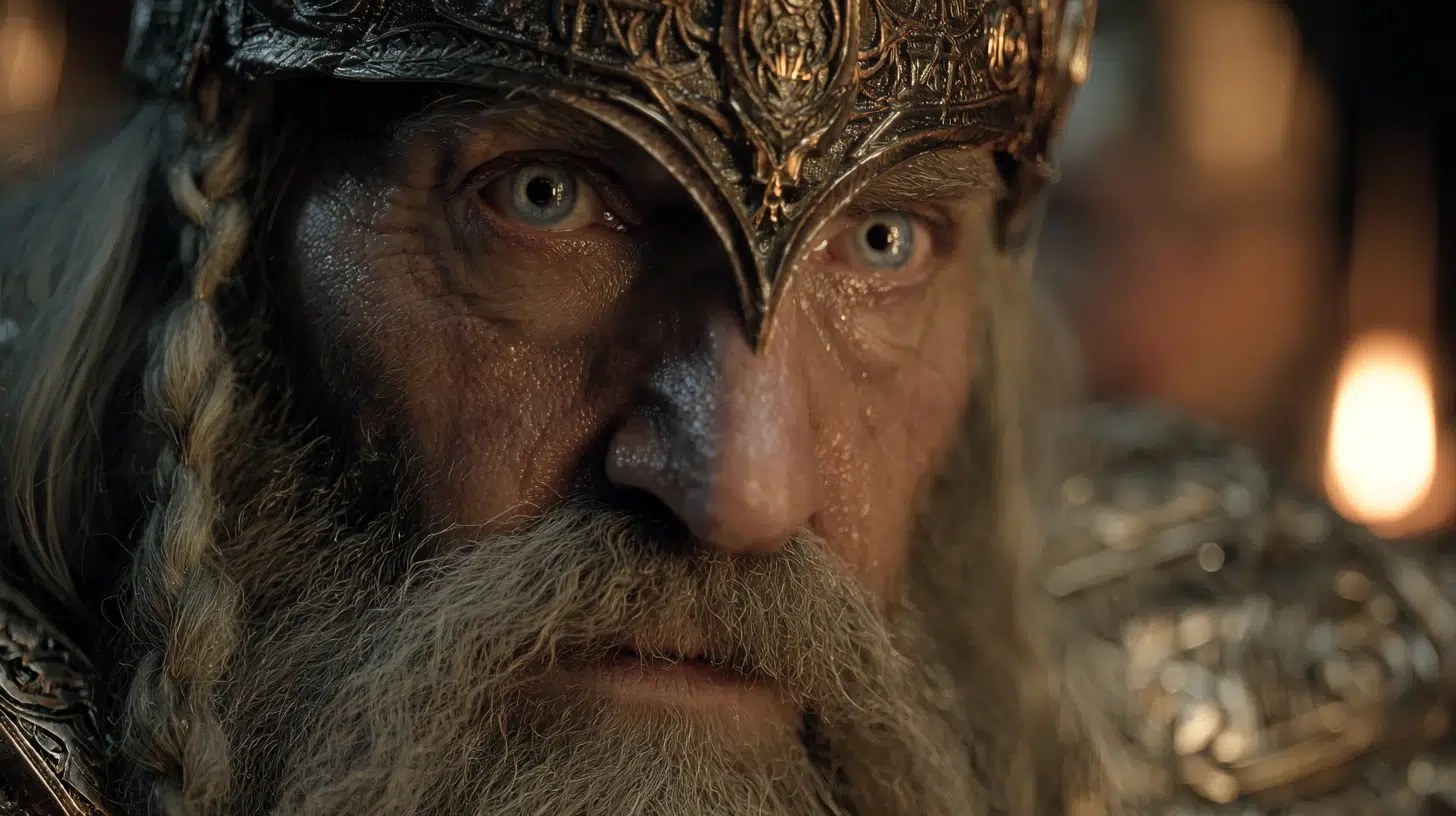close-up of Odin, the All-Father of Norse mythology, with a single piercing eye, long braided grey hair and beard, wearing a silver and gold Norse crown
