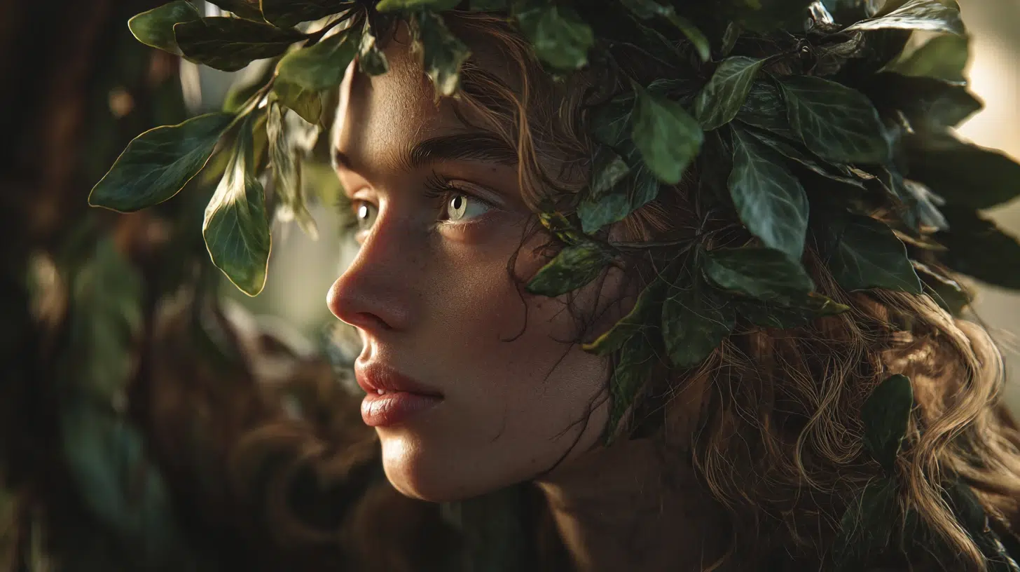 closeup of Daphne nymph, with leaves in her hair