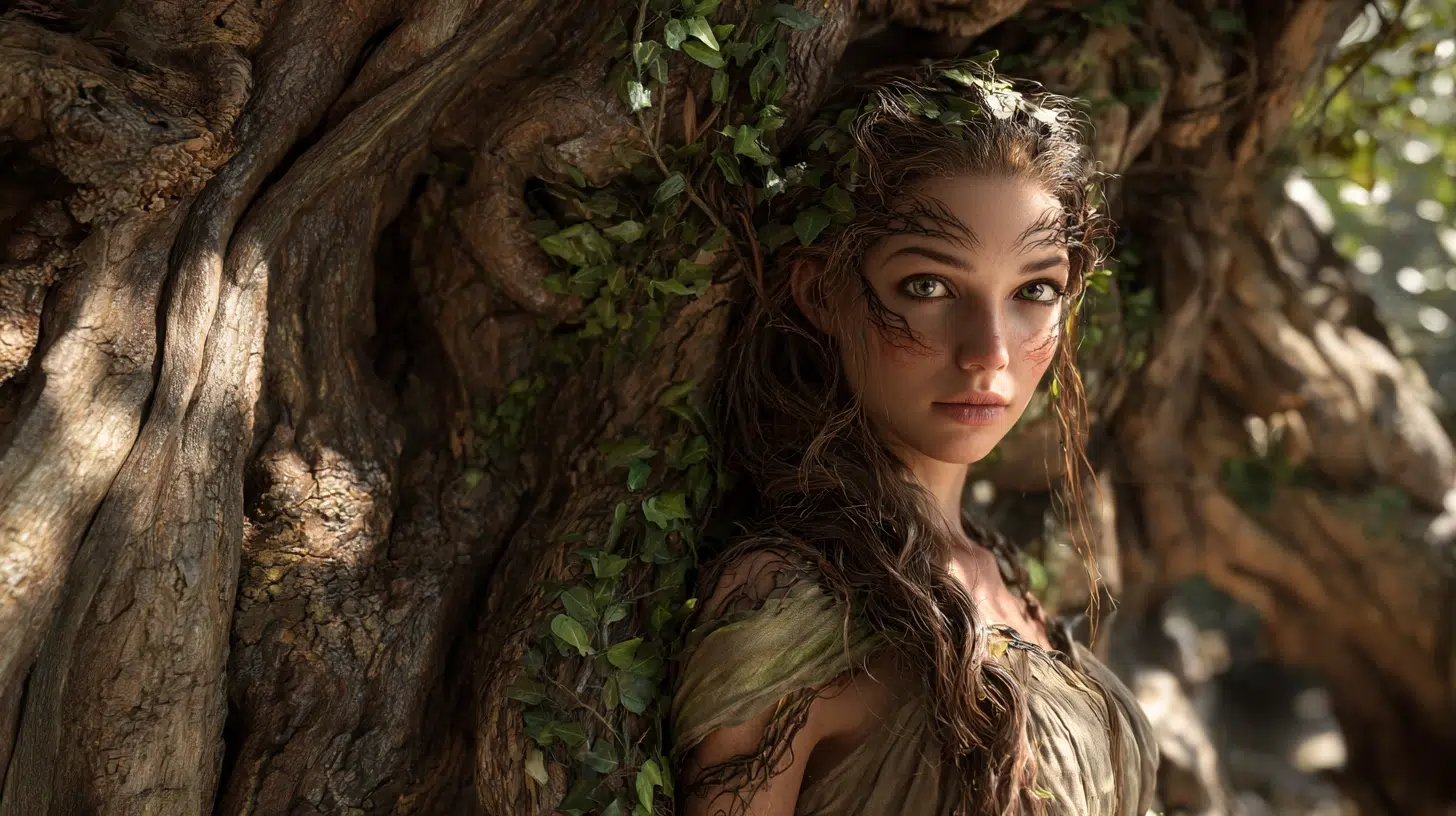 closeup of Hamadry nymph by a tree