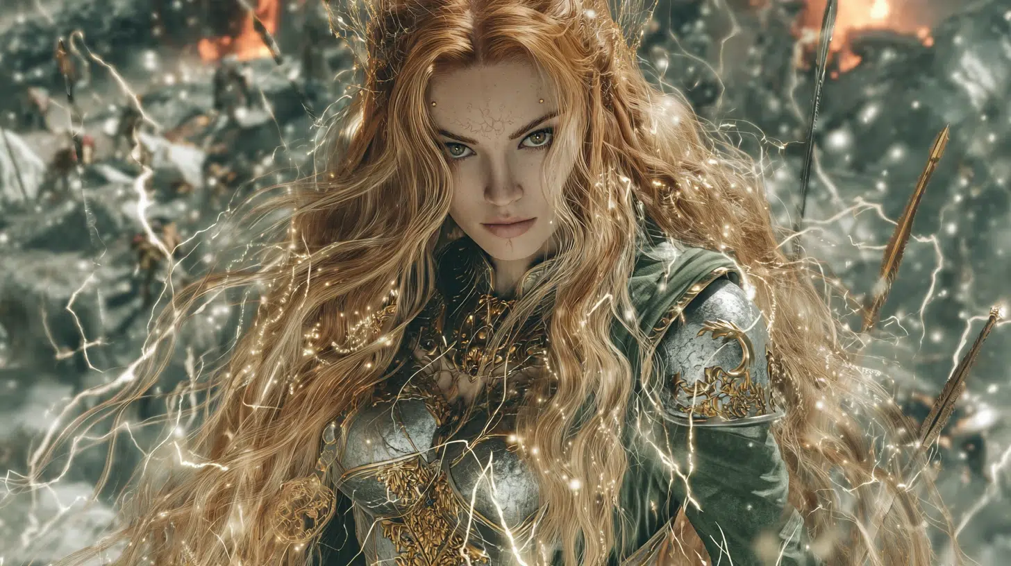 Gulleig stands in an epic battlefield in the Nine Realms, the Aesir gods in gleaming silver and iron armour clashing with the Vanir gods in green and gold battle garb, golden seidr magic swirling through the air