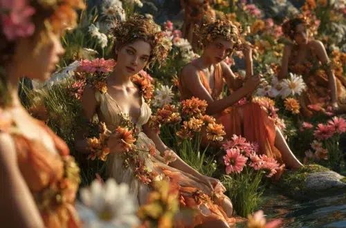 young Leimakids flower nymphs sitting inside a floral meadow