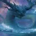 A colossal Horned Serpent rises from a stormy river, crowned with sharp antlers that curve like ancient tree branches. Its massive body coils through crashing waves, scales shimmering with iridescent rainbow light