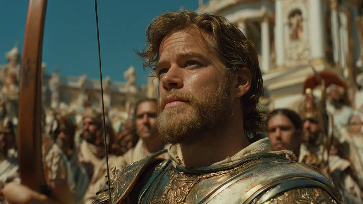 a younger Odysseus prepares to leave for war with medium brown hair and beard dressed in armour holding his bow and arrow