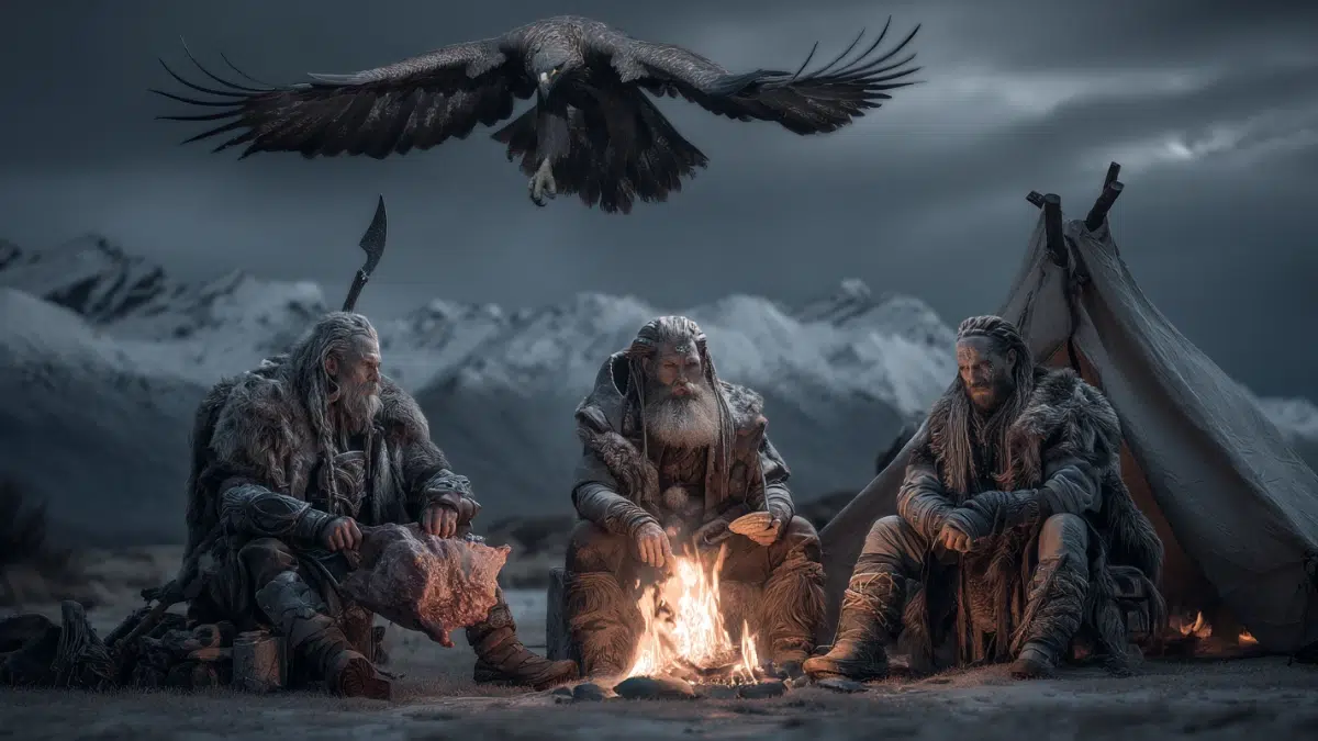 an eagle soars above three gods around a camp fire in the mountains