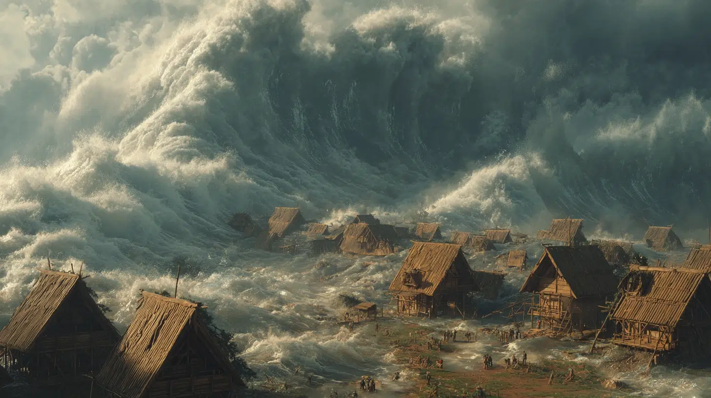 massive wave floods a village