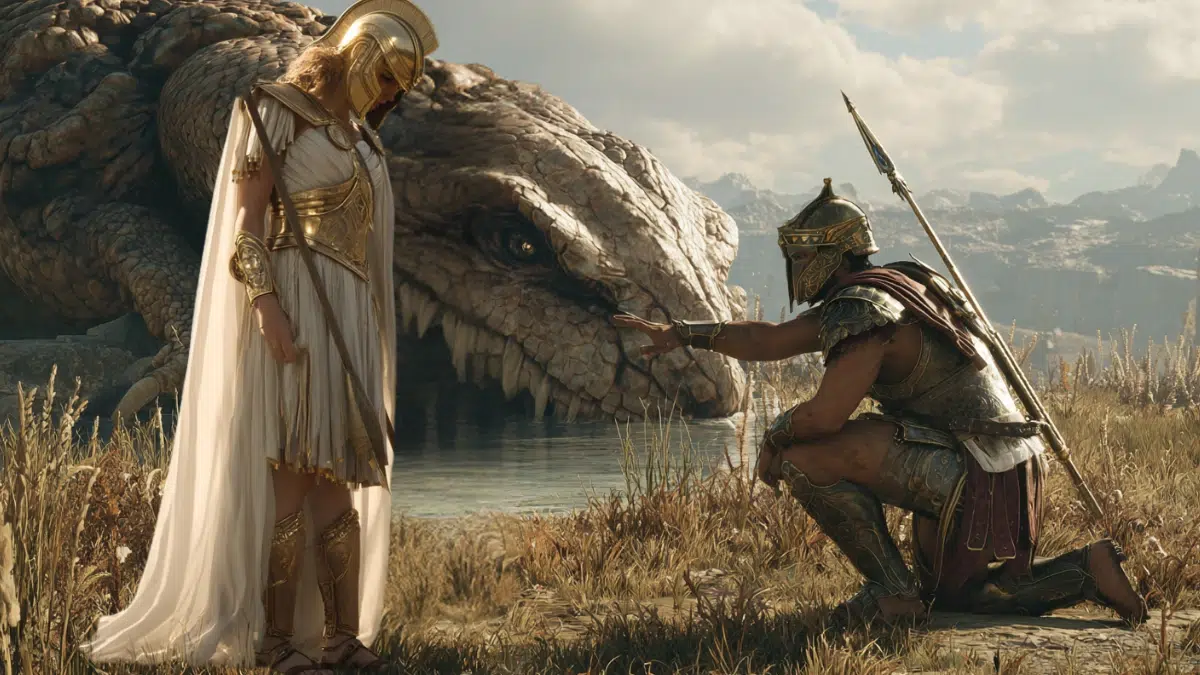 Athena in a white and gold tunic and helmet, looks towards Cadmus kneeling by the fallen serpent