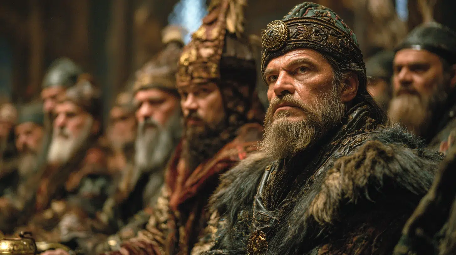 Attila the Hun, short and broad, large head, deep-set small eyes, flat nose, tanned skin, thin beard streaked with grey, wearing plain nomadic clothing of leather and wool, sitting in a wooden hall among richly dressed Hun nobles in furs and gold ornaments