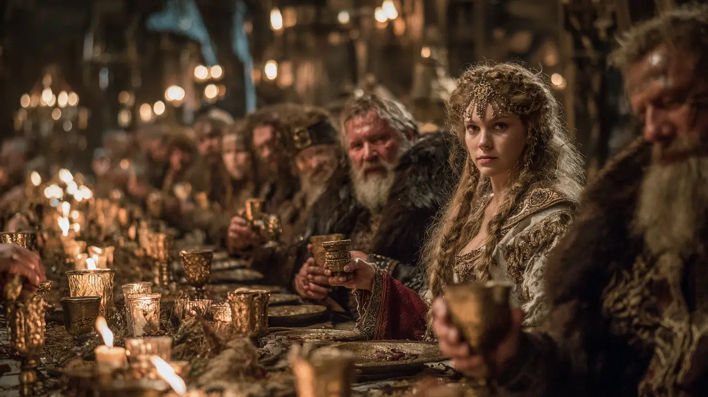 Attila the Hun during his marriage to the young woman Ildico in 453 CE, lavish celebration inside a great wooden hall, Hun nobles in fur cloaks and gold ornaments feasting around long tables, torches and firelight illuminating the scene
