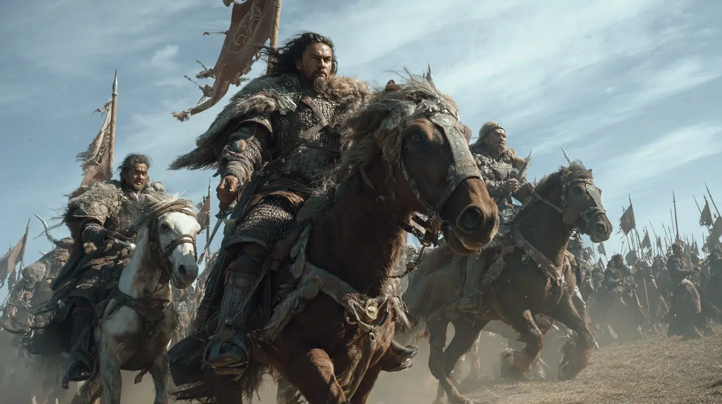 Attila the Hun leading fast cavalry raids across Roman lands, mounted on a powerful horse, Hun warriors charging with composite bows and spears, dust rising from the steppe