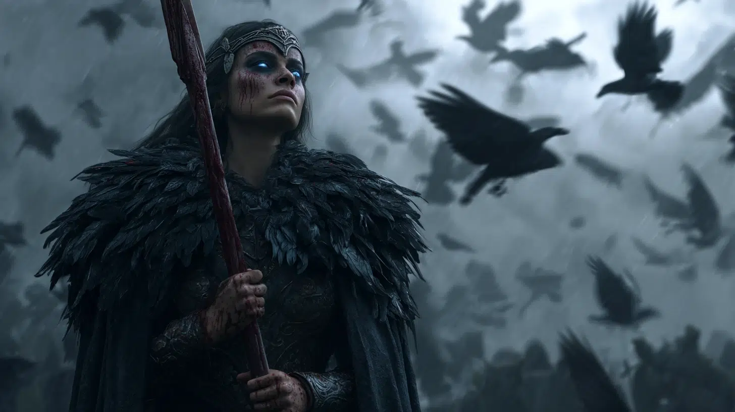 Badb, Celtic war goddess, standing on a battlefield shrouded in mist, cloaked in black feathers, eyes glowing