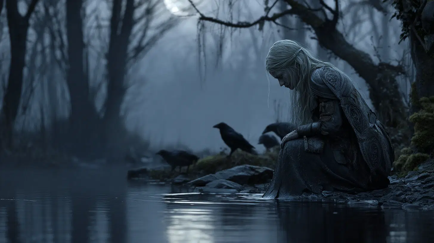 Badb, Celtic war goddess, disguised as an old woman, crouching by a dark river at twilight, washing bloodstained armour and clothes in the water, pale moonlight reflecting on the stream