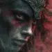 Badb, spectral goddess of battle, rising from smoke and shadow on a battlefield, eyes glowing red