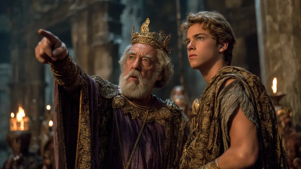 an older king with white hair and beard towards in a direction, standing beside a young prince with blond hair with an ornate tunic