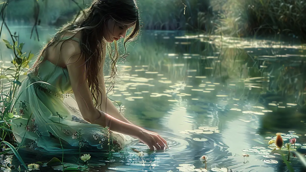 Clytie, Greek water nymph and daughter of Oceanus, ethereal beauty, long flowing hair glistening like wet silk, pale skin glowing in soft sunlight, wearing sheer sea-green drapery, seated beside a tranquil river with water lilies