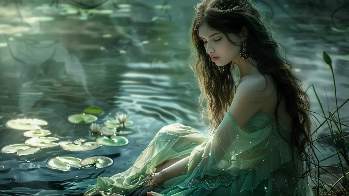Clytie, Greek water nymph and daughter of Oceanus, ethereal beauty, long flowing hair glistening like wet silk, pale skin glowing in soft sunlight, wearing sheer sea-green drapery, seated beside a tranquil river with water lilies