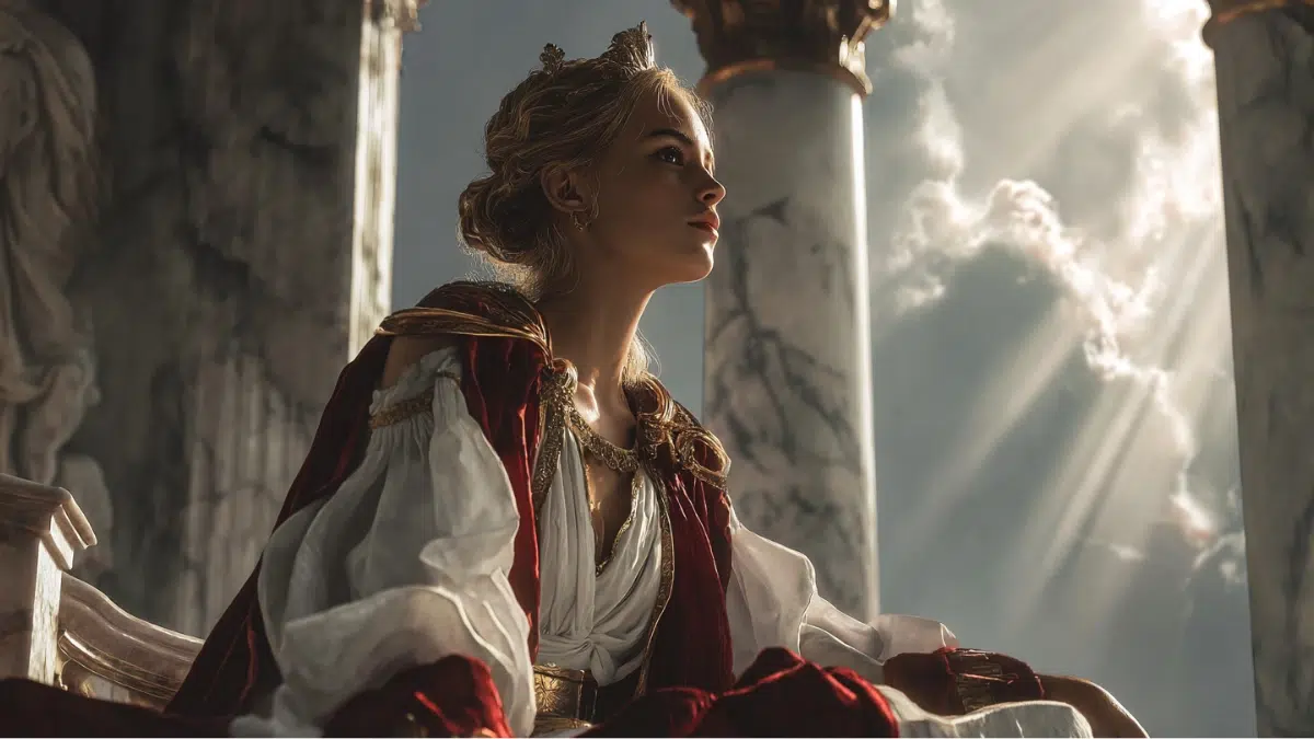 Concordia's face, Roman goddess of agreement and harmony, regal and serene, seated on a marble throne in a grand Roman forum, wearing flowing white and crimson robes