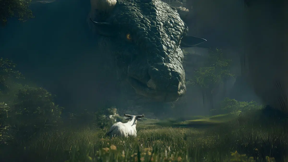 a white cow sits in a meadow, a large giant serpent lurks in the background