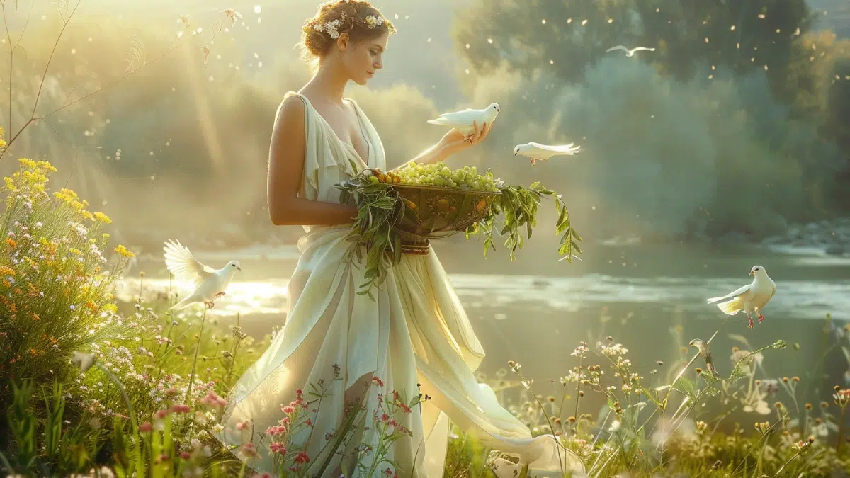 Eirene, Greek goddess of peace, serene and graceful, wearing flowing white and pastel green robes, holding a cornucopia filled with fruits and flowers, soft golden sunlight surrounding her