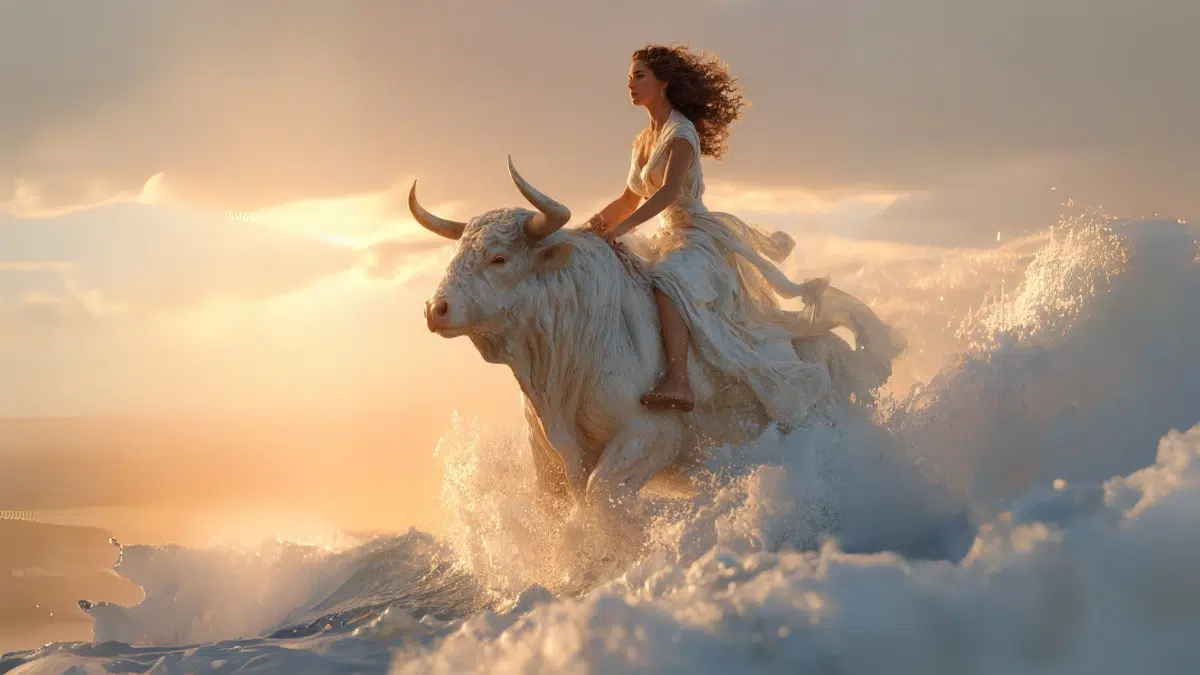 Europa a young Greek woman in a flowing white dress rides a white bull in the ocean