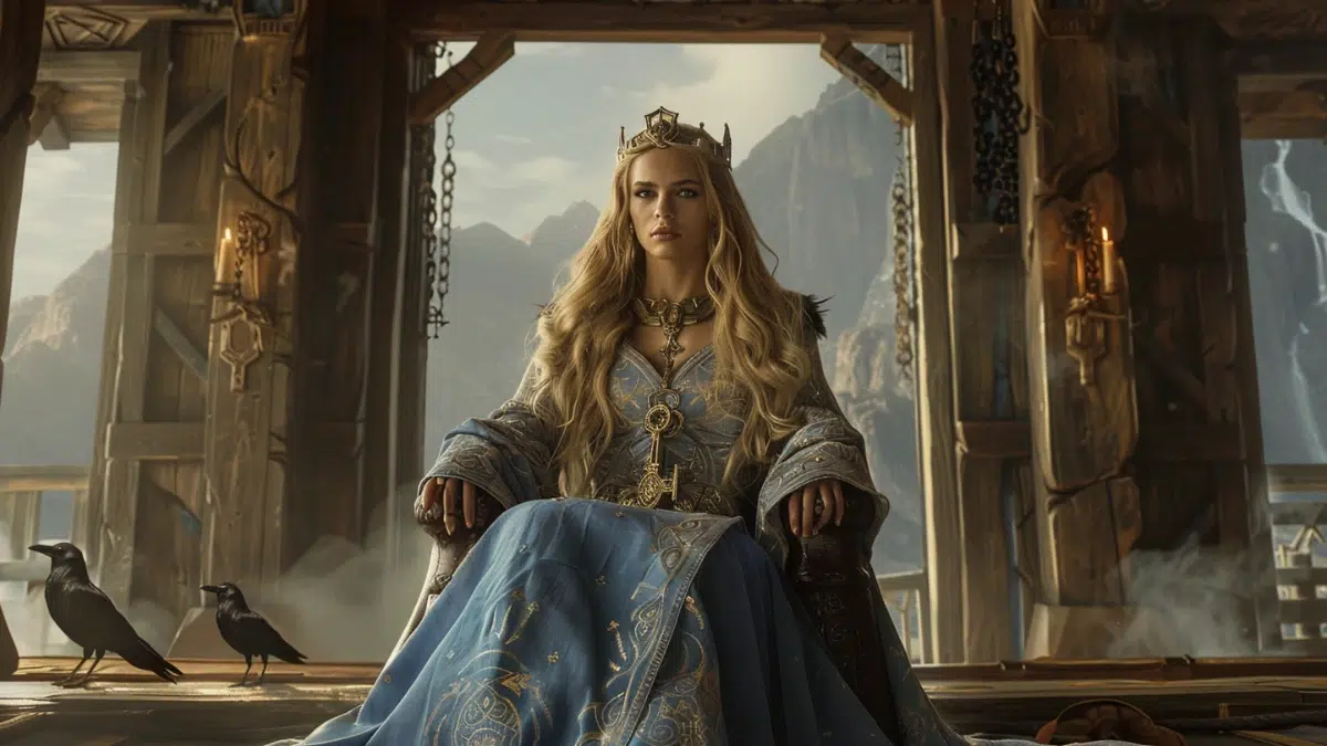 Frigg, Norse goddess of family and foresight, regal and serene, long flowing golden-blonde hair, piercing blue eyes, wearing elegant blue and white gowns embroidered with silver runes