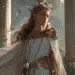Harmonia youthful Greek goddess of harmony, in a gold and white dress getting ready for her wedding