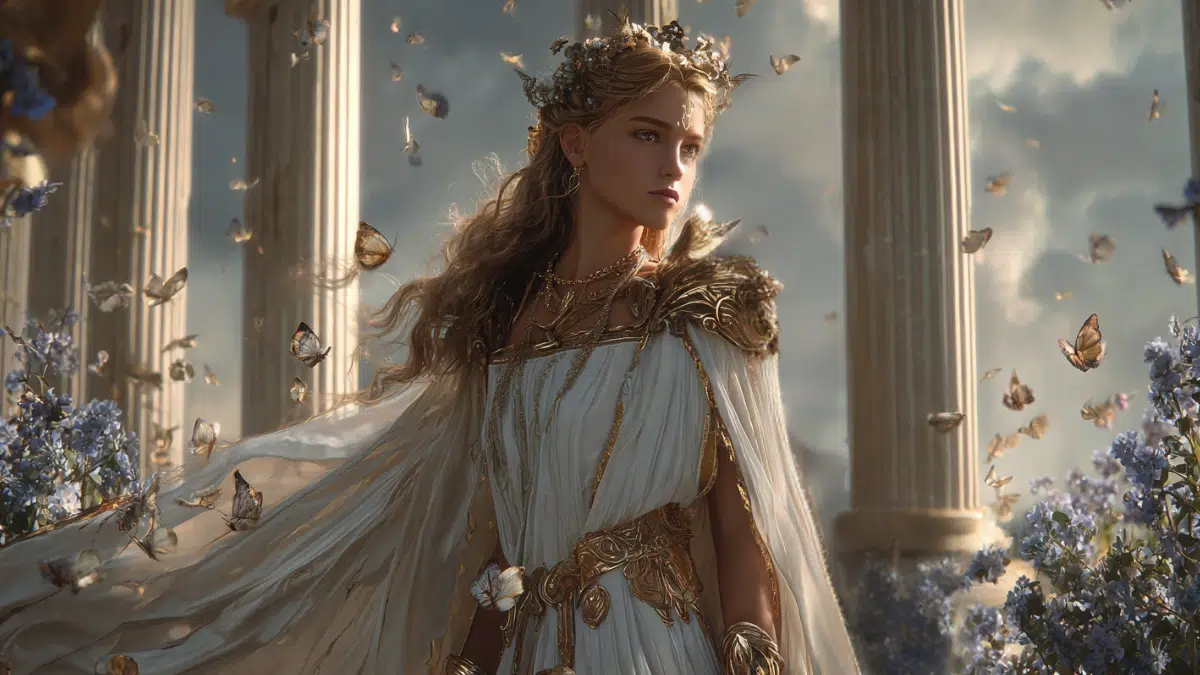 Harmonia youthful Greek goddess of harmony, in a gold and white dress getting ready for her wedding