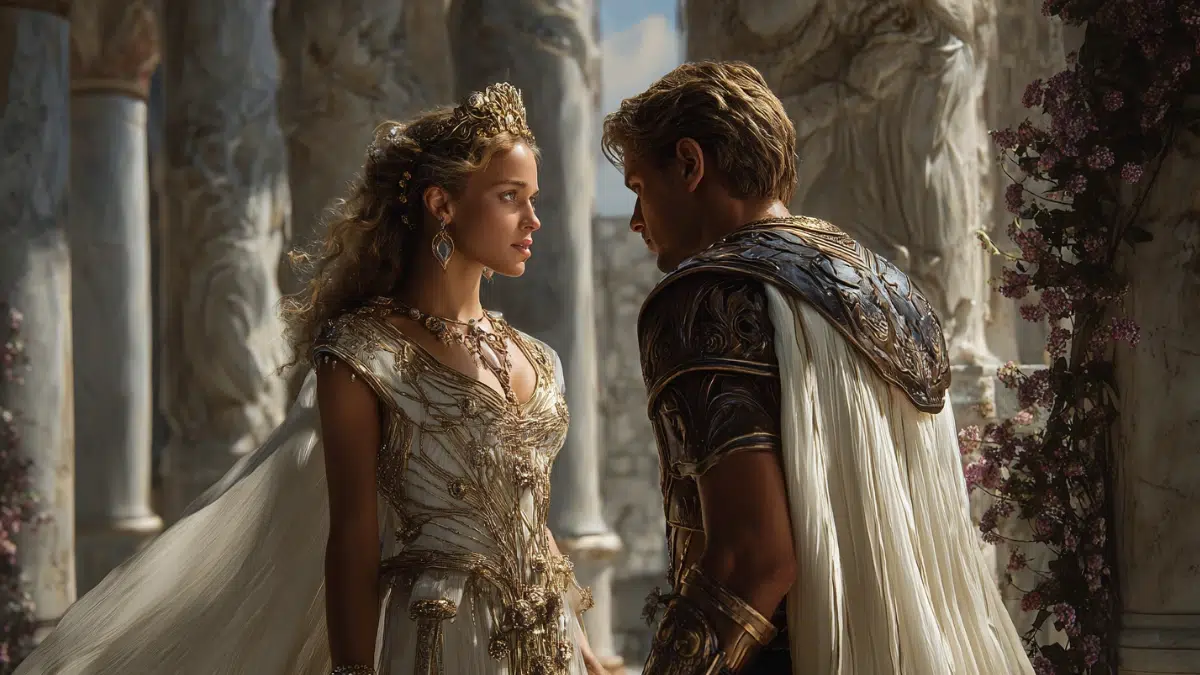 Harmonia, radiant young Greek goddess, faces her husband Cadmus, noble mortal hero and king-to-be, in an ornate ancient Greek palace courtyard, golden light shining through marble columns