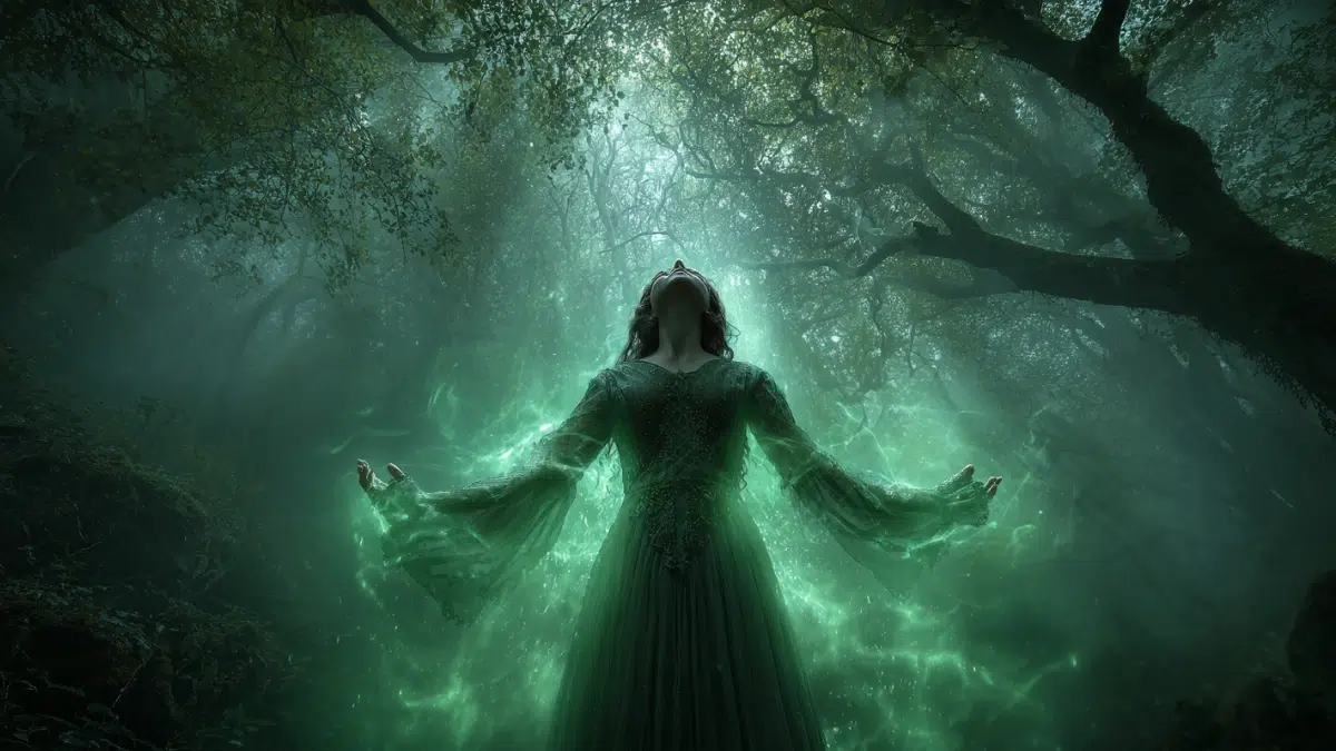 Harmonia mid-transformation into a radiant emerald serpent divine glow surrounding her body in a sacred grove with ancient trees and soft mist, ethereal light from above,, mythological realism, cinematic lighting